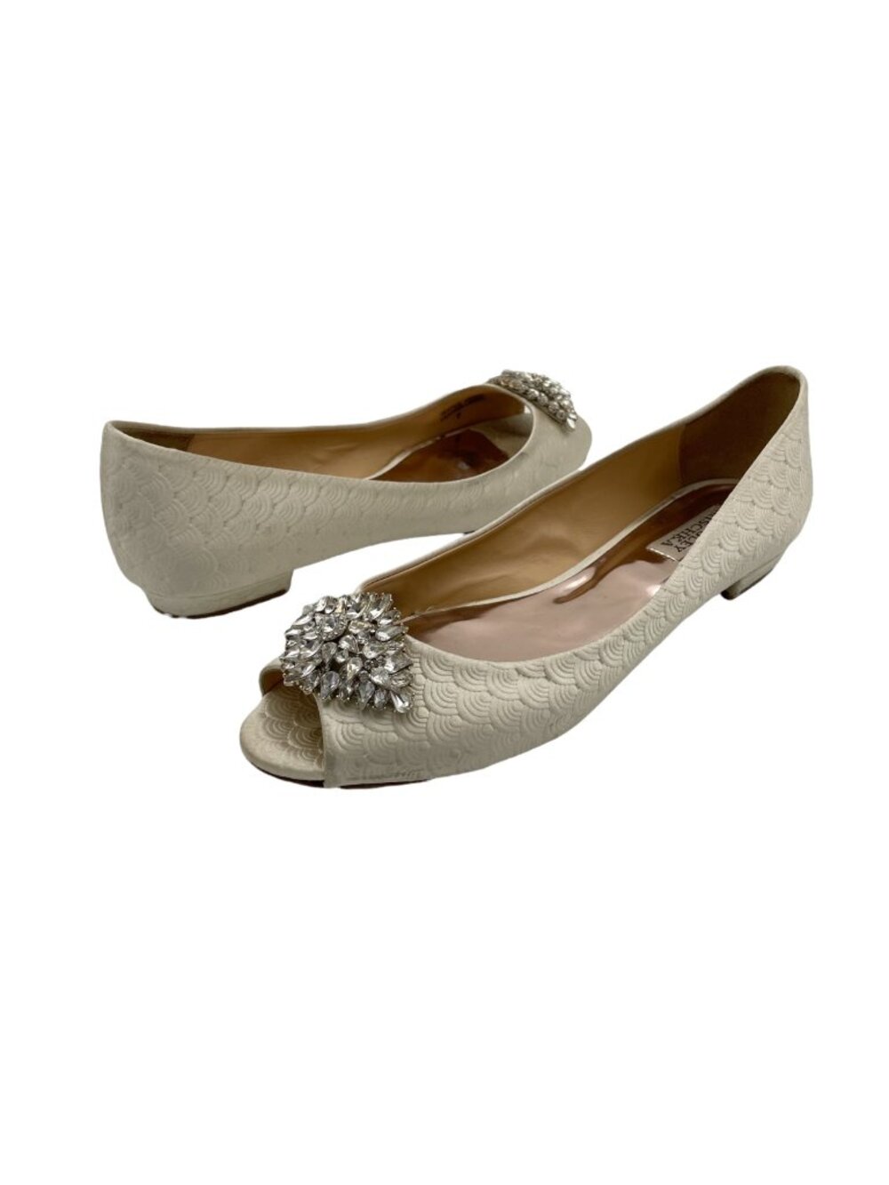 Badgley Mischka Ivory Taft Scallop Rhinestone Flats Womens 9 Wedding Embellished